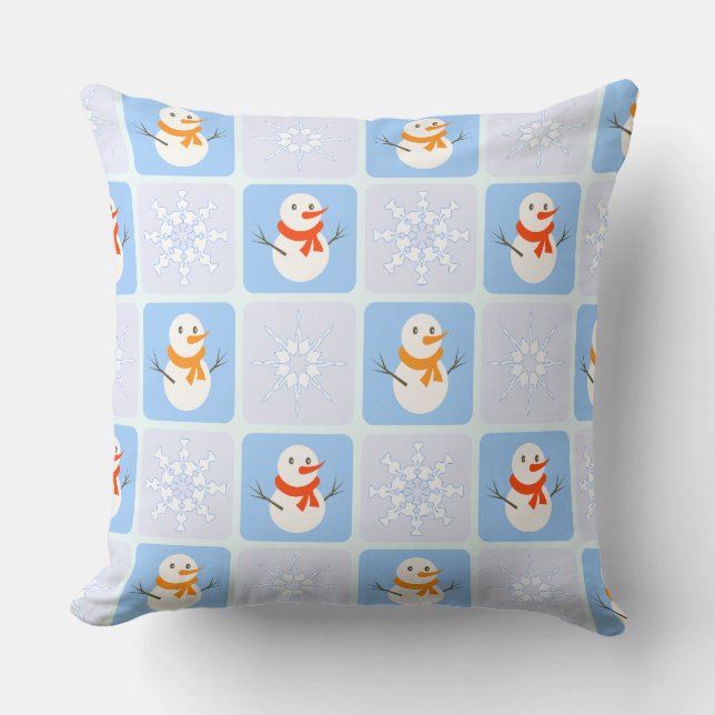 Winter chequered pattern snowman and snowflakes cushion (Front)