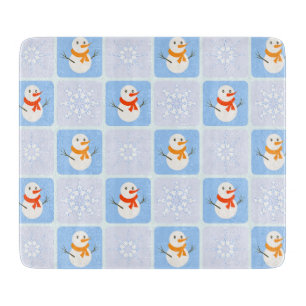 Winter chequered pattern snowman and snowflakes cutting board
