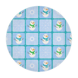 Winter chequered pattern snowman and snowflakes cutting board