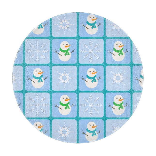 Winter chequered pattern snowman and snowflakes cutting board (Front)