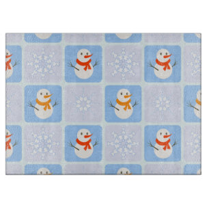 Winter chequered pattern snowman and snowflakes cutting board