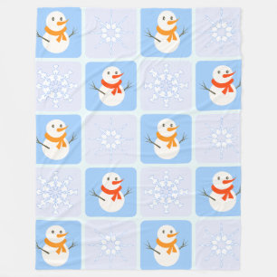 Winter chequered pattern snowman and snowflakes fleece blanket