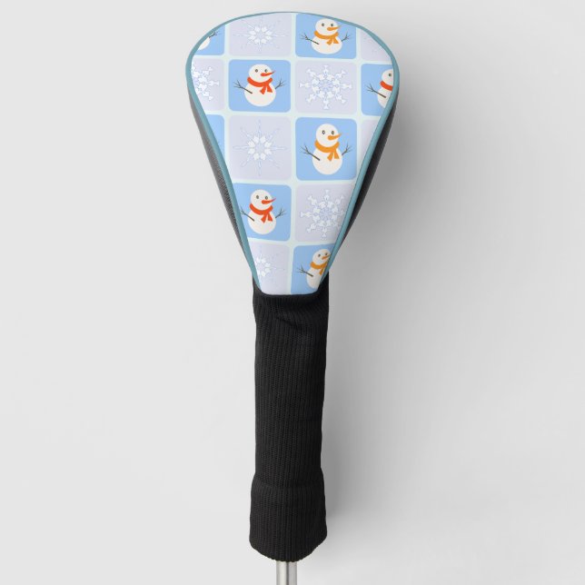 Winter chequered pattern snowman and snowflakes golf head cover (Front)