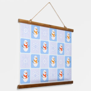 Winter chequered pattern snowman and snowflakes hanging tapestry
