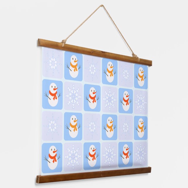 Winter chequered pattern snowman and snowflakes hanging tapestry (Angled)