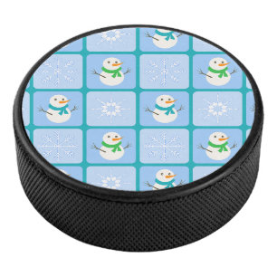 Winter chequered pattern snowman and snowflakes hockey puck