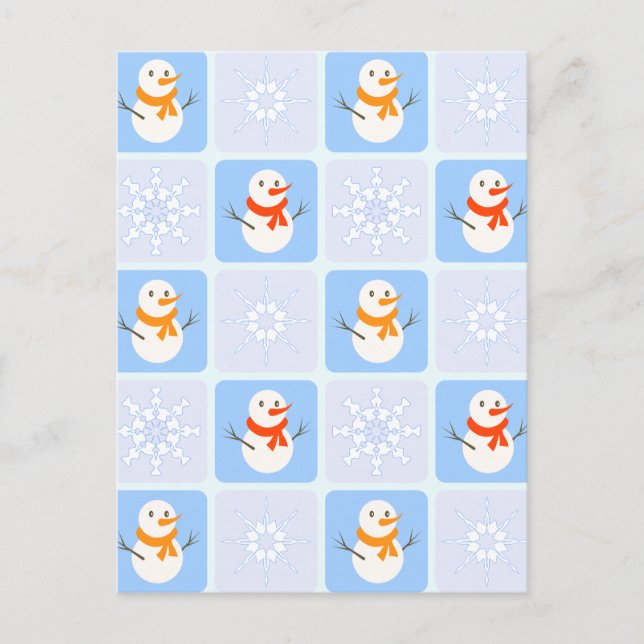 Winter chequered pattern snowman and snowflakes holiday postcard (Front)