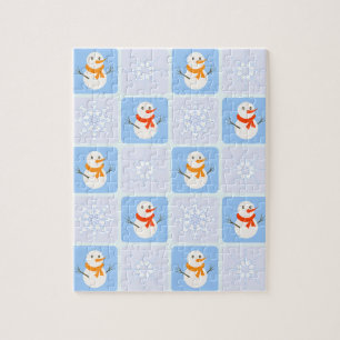 Winter chequered pattern snowman and snowflakes jigsaw puzzle