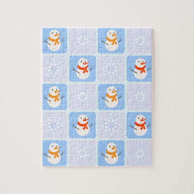 Winter chequered pattern snowman and snowflakes jigsaw puzzle (Vertical)