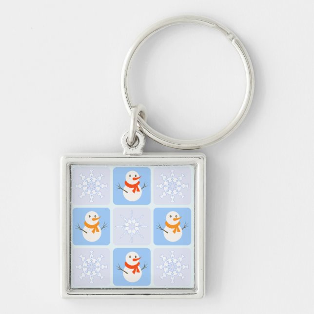 Winter chequered pattern snowman and snowflakes key ring (Front)