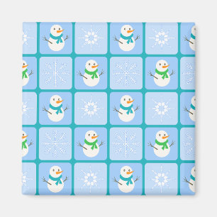 Winter chequered pattern snowman and snowflakes magnet