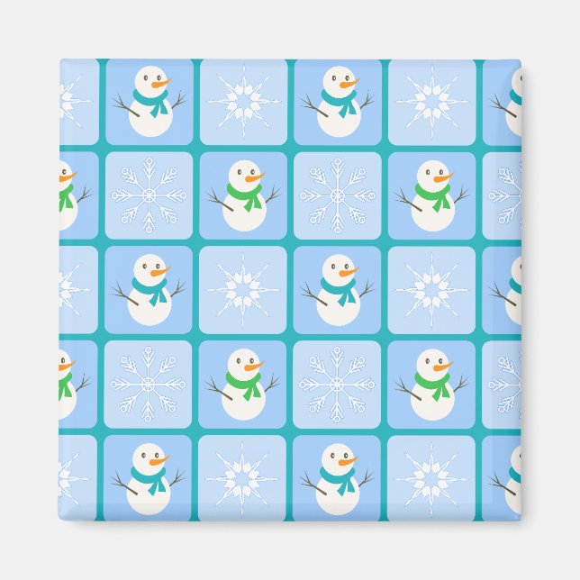 Winter chequered pattern snowman and snowflakes magnet (Front)