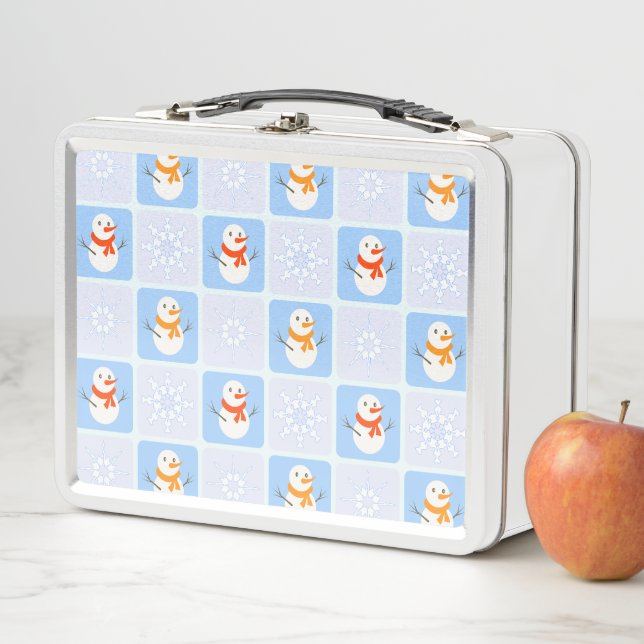 Winter chequered pattern snowman and snowflakes metal lunch box (In Situ)