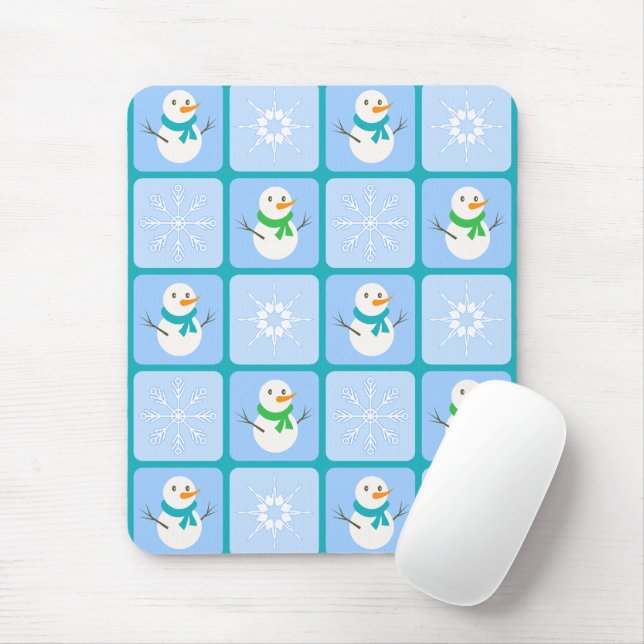 Winter chequered pattern snowman and snowflakes mouse mat (With Mouse)