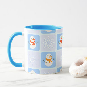 Winter chequered pattern snowman and snowflakes mug
