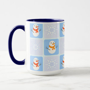 Winter chequered pattern snowman and snowflakes mug