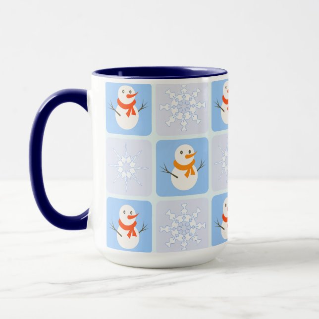 Winter chequered pattern snowman and snowflakes mug (Left)