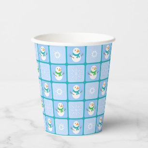 Winter chequered pattern snowman and snowflakes paper cups