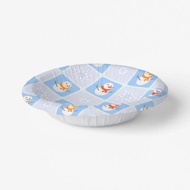 Winter chequered pattern snowman and snowflakes paper plate (Angled)