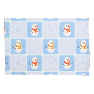Winter chequered pattern snowman and snowflakes pillowcase