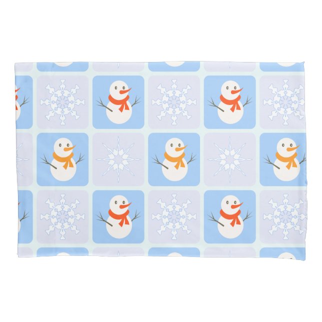 Winter chequered pattern snowman and snowflakes pillowcase (Front)