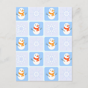 Winter chequered pattern snowman and snowflakes postcard