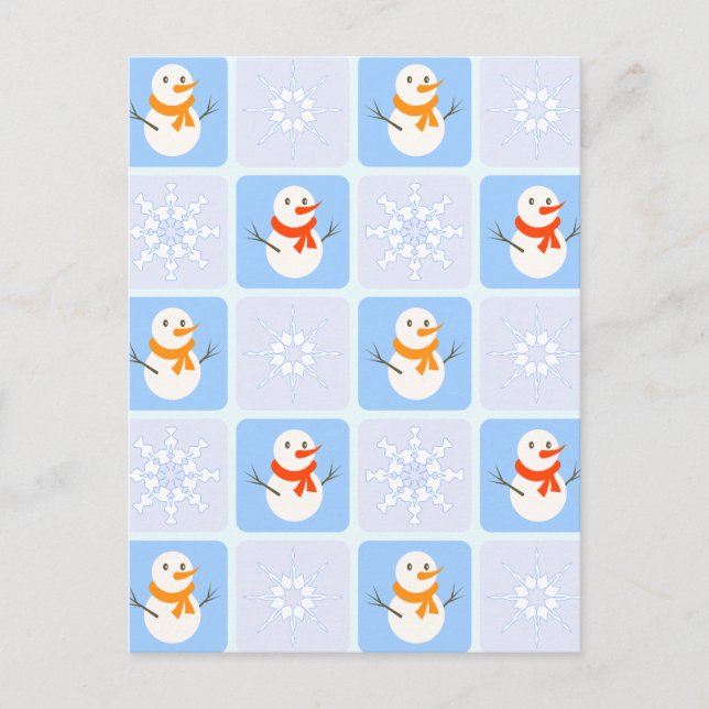 Winter chequered pattern snowman and snowflakes postcard (Front)