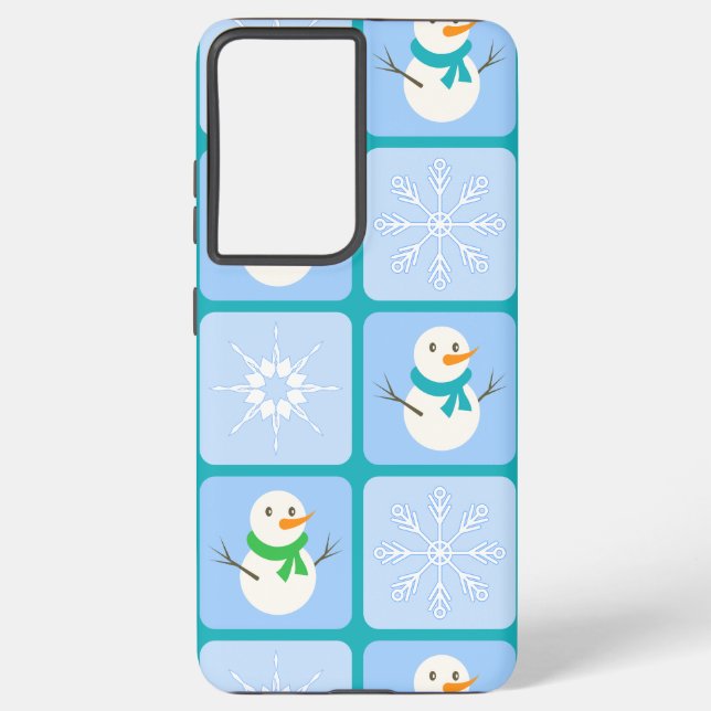 Winter chequered pattern snowman and snowflakes samsung galaxy s21 ultra case (Back)