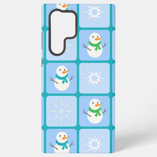 Winter chequered pattern snowman and snowflakes samsung galaxy s22 ultra case (Back)
