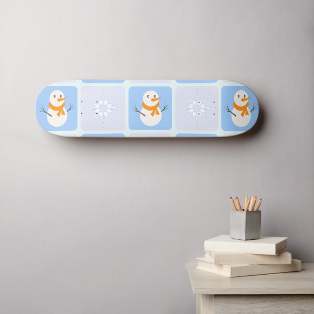 Winter chequered pattern snowman and snowflakes skateboard (Wall Art (Horz))