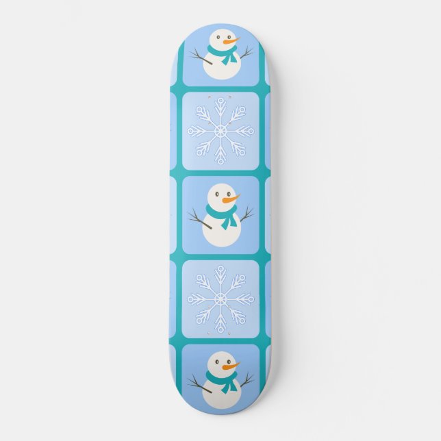 Winter chequered pattern snowman and snowflakes skateboard (Front)