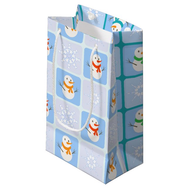 Winter chequered pattern snowman and snowflakes small gift bag (Front Angled)
