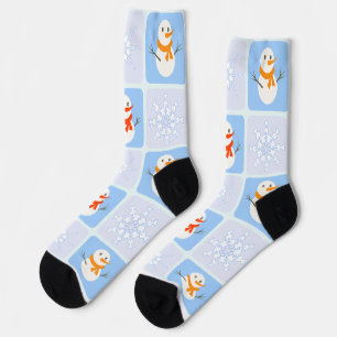 Winter chequered pattern snowman and snowflakes socks