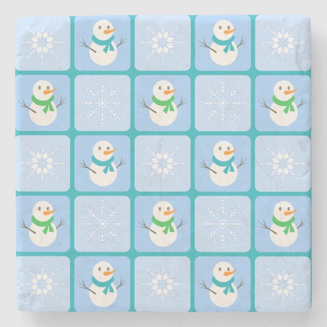 Winter chequered pattern snowman and snowflakes stone coaster (Front)