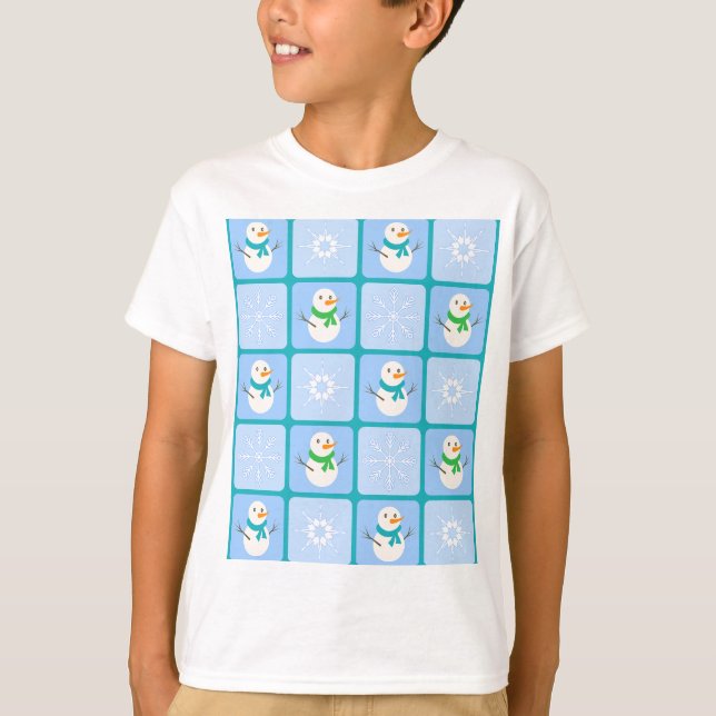 Winter chequered pattern snowman and snowflakes T-Shirt (Front)