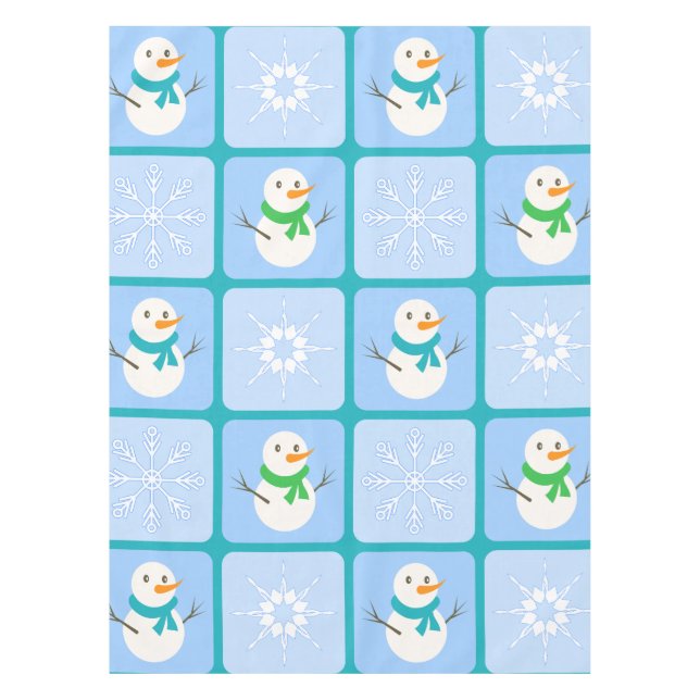 Winter chequered pattern snowman and snowflakes tablecloth (Front)