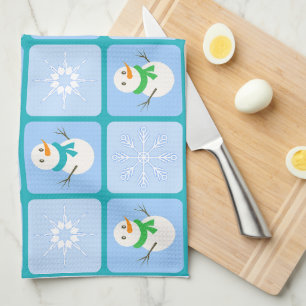 Winter chequered pattern snowman and snowflakes tea towel