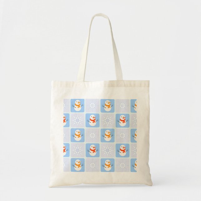Winter chequered pattern snowman and snowflakes tote bag (Front)