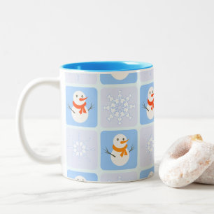 Winter chequered pattern snowman and snowflakes Two-Tone coffee mug