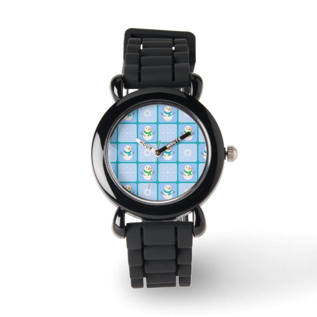 Winter chequered pattern snowman and snowflakes watch (Front)