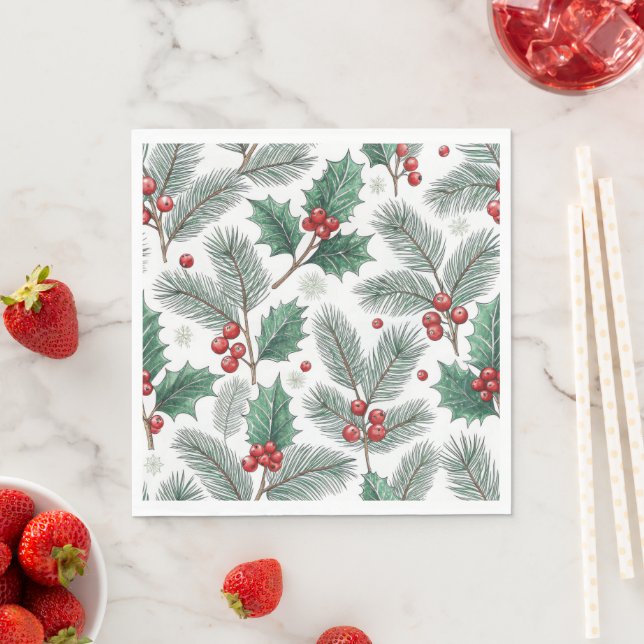 Winter Cherries Christmas Holiday Pattern Napkin (Insitu)