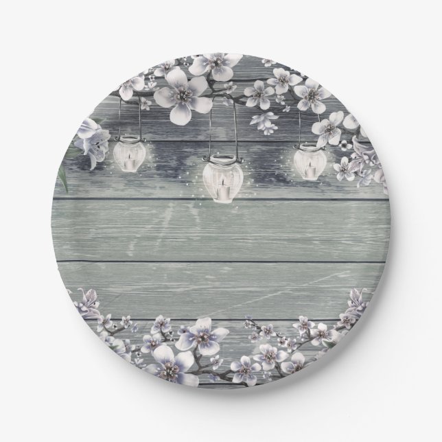 Winter Cherry Blossom Branches & Lanterns Rustic Paper Plate (Front)