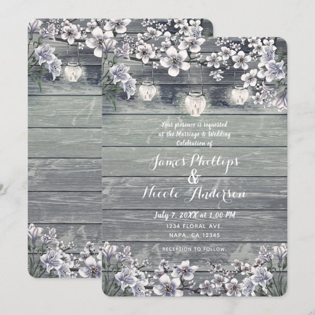 Winter Cherry Blossom Branches & Lanterns Wedding Invitation (Front/Back)