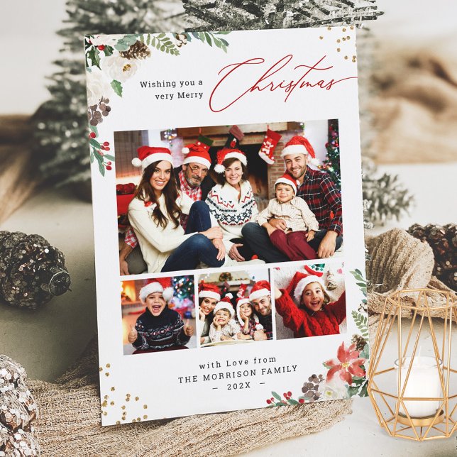 Winter Chic Botanical Floral 4 Photo Christmas Holiday Card (Creator Uploaded)