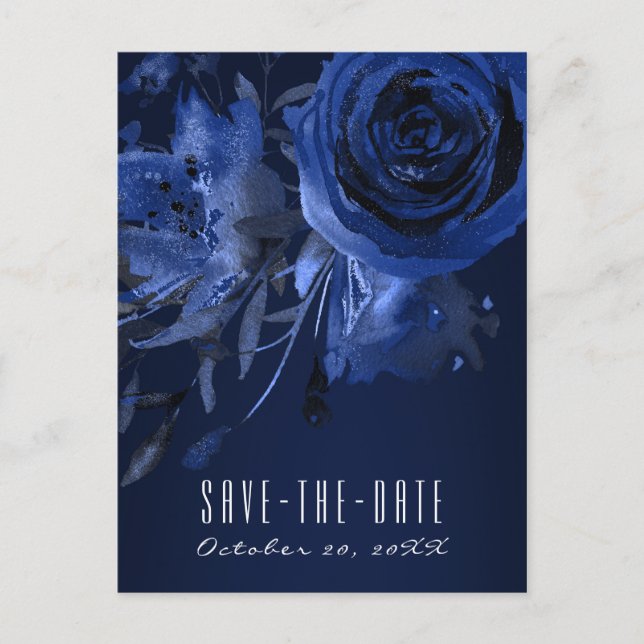 Winter Chic Floral Blue Rose Bold Save the Date Announcement Postcard (Front)