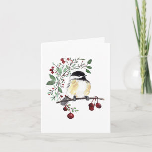 Winter Chickadee Bird Berries Holiday Card