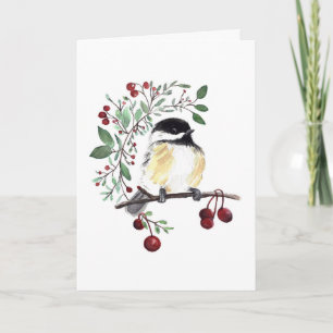 Winter Chickadee Bird Berries Holiday Card