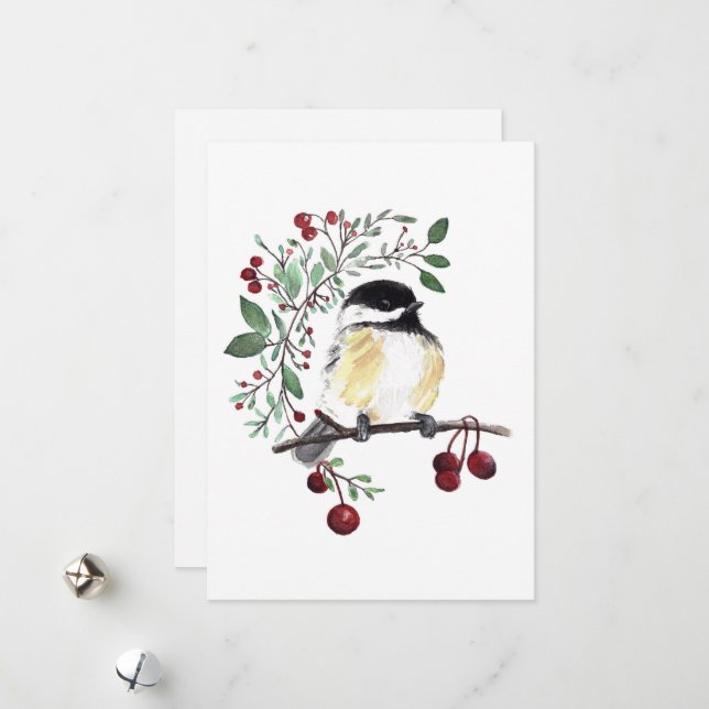 Winter Chickadee Bird Berries Holiday Card (Front/Back In Situ)