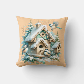 Winter Chickadee Birdhouse Village Cushion