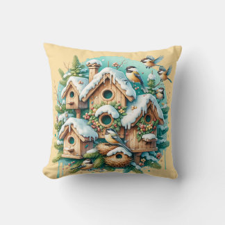 Winter Chickadee Birdhouse Village Cushion